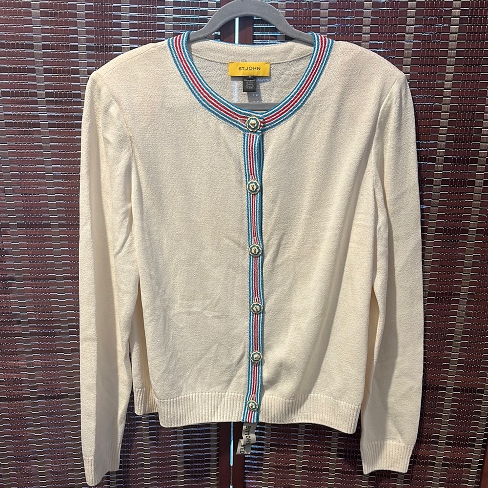 St. John Cream Cardigan with Blue and Red Trim